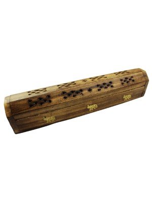 Wooden Incense Holder Storage Box - Elephant Brass Inlay 12''