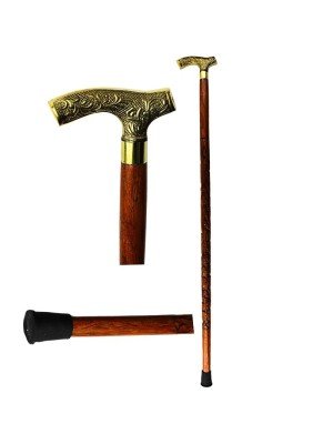 Wooden Derby Branch Walking Stick Carved Flower Pattern With Metal Crutch Handle - Gold/Brown