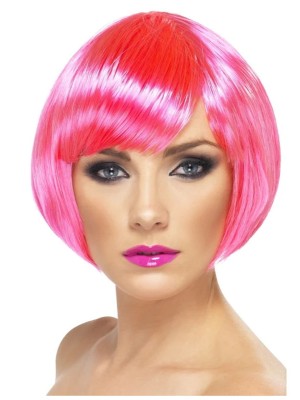 Babe Bob Party Wig with Fringe - Neon Pink