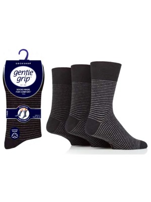 Men's "Fine Striped" Gentle Grip Socks (3 Pair Pack) - Black 