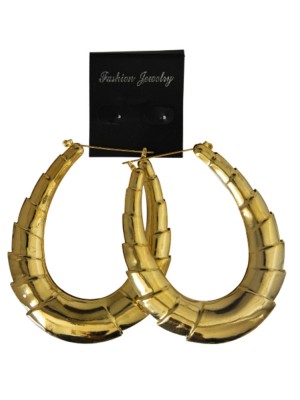 Gold Oval Design Bamboo Hoop Earring - 8.5cm