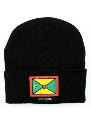 Black Turn up Beanie Hat - Grenada Flag Embroidered