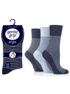 Ladies Striped Design Gentle Grip Socks (3 Pair Pack) - Navy/Denim