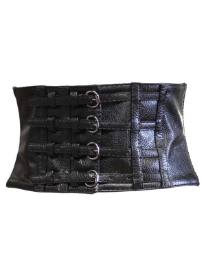 Leather Effect Elasticated Waist Belt With 4 Buckles & Press Button Closure 