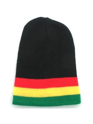 Black Long Beanie Hat With Rasta Stripe