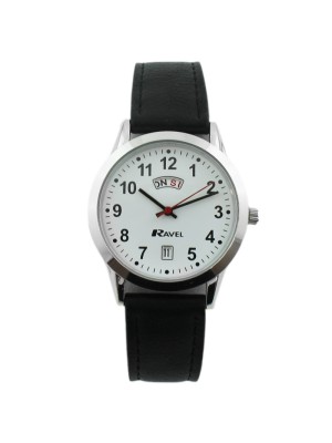 Ravel Mens Watch with Leather Black Watch Strap - Silver & White