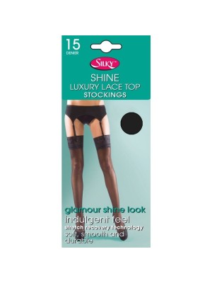 Silky 15 Denier Super Shine Lace Top Stockings - One Size (Barely Black)
