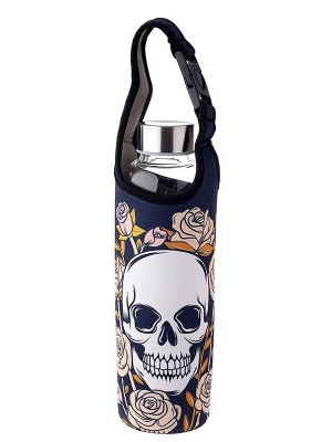 Skull & Roses Reusable Glass Water Bottle With Sleeve & Holder 