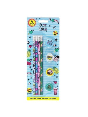 4 Pcs Pencils With Eraser Toppers - Assorted Designs 
