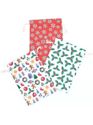 Mixed Pack Of Christmas Drawstring Pouches (13 x 10cm) - Assorted