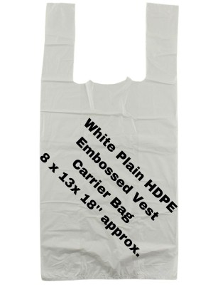 White Plain HDPE Embossed Vest Carrier Bags 8"x13"x18"