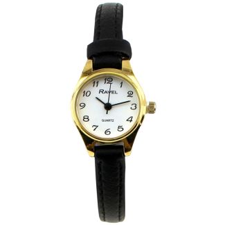 Ravel Ladies Small Gold Tone Watch - Black Strap