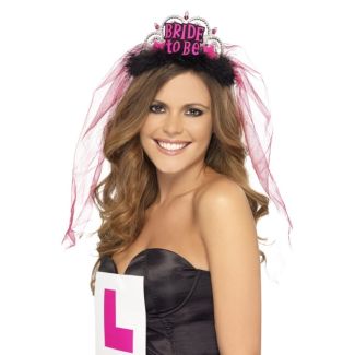 Wholesale Bride To Be Tiara With Veil, Black, With Pink Lettering
