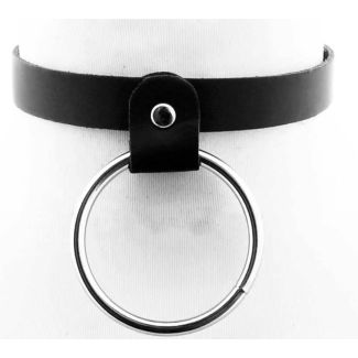 1.5cm Wide Genuine Leather Neckband With Large Metal Ring
