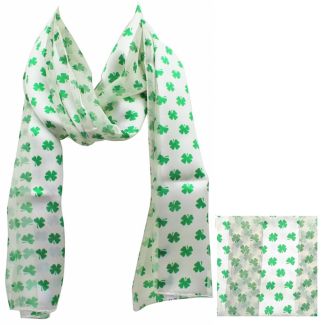 Wholesale St. Patrick's Day Shamrock Print Satin Stripe Scarves - Cream