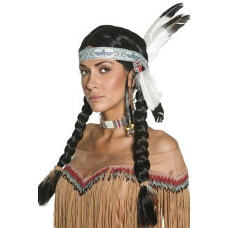 Native American Wig with Feather Headband - Black