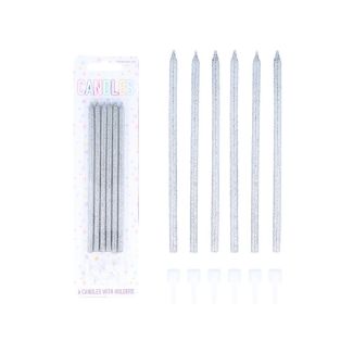 6pc Silver Glitter Birthday Cake Candles with Holders (14cm)