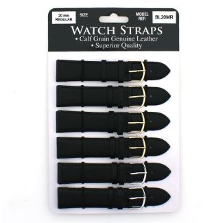 Calf Grain Black Leather Regular Watch Straps - Asst. Buckles - 20mm