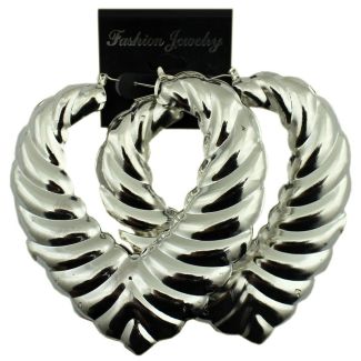 Silver Heart Design Bamboo Hoop Earrings - 8cm