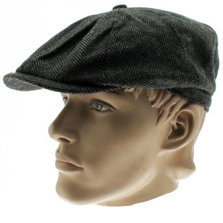 8 Panel Herringbone Tweed Flat Caps - Dark Grey