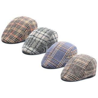 Men Plain Flat Padded Thick Checkered Cap - Assorted