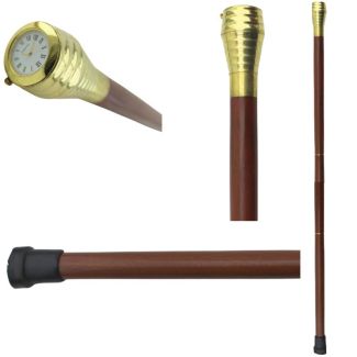 Acacia Wood Walking Stick with Brass Handle, Watch & Glass Tube