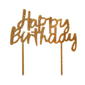 "Happy Birthday" Acrylic Glitter Cake Topper - Gold 