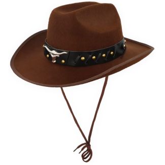 Adult Cowboy Hat With Bull Horn And Cord - Brown  