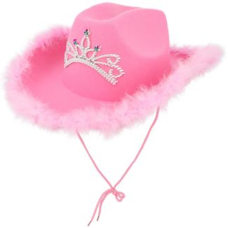 Adult Pink Cowboy Hat with Silver Tiara and Fur Trim