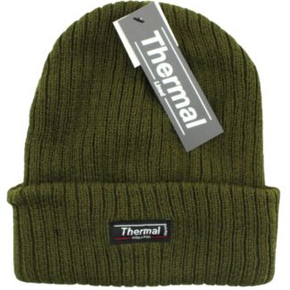 Adults Plain Thermal Ribbed Ski Hat - Olive 