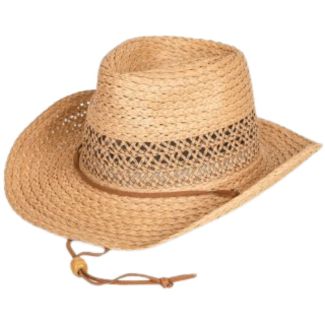 Adults Unisex Straw Cowboy Hat with Decorative Band and Pull Cord - Assorted Colours & Sizes