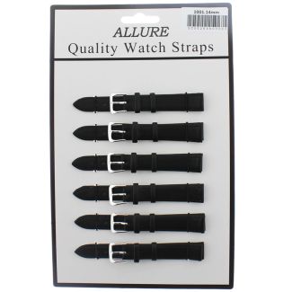 Wholesale Allure Black Leather Watch Straps - Silver Buckle - 14mm
