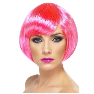 Babe Bob Party Wig with Fringe - Neon Pink