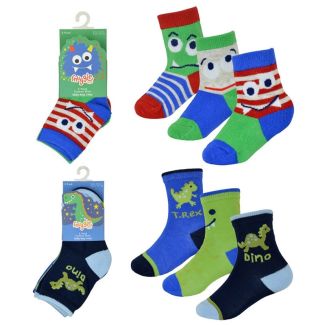 Baby Boys Monster/Dino Design Ankle Socks (3 Pack) - Asst.