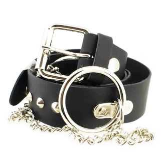 Wholesale Leather 1 Row Conical Studded Belt With Chain & Rings Black  (L)