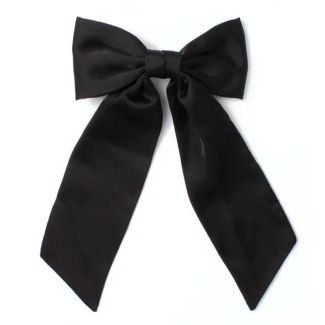 Black Satin Hair Bow With Long Tails On Barrette Clip - 13cm