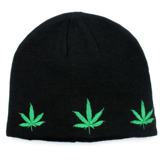Wholesale Black Beanie Hat - Leaf Print Embroidery 