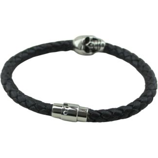 Black Leather Bracelet with Silver Skull Detail