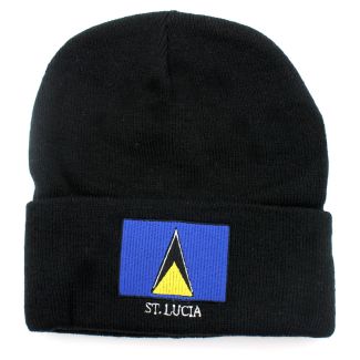 Black Turn up Beanie Hat - St.Lucia Flag Embroidery 
