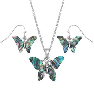 Natural Butterfly Paua Shell Pendant Necklace & Dangle Earrings Set
