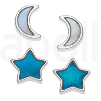 Blue Moon & Stars Mother of Pearl Shell Stud Earrings - 2 pairs