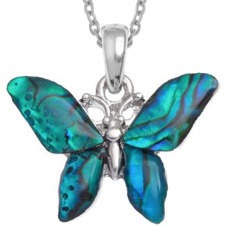 Blue Butterfly Paua Shell Pendant Necklace