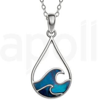 Blue Paua Shell Teardrop Wave Crests Pendant Necklace