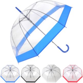 Bordered Clear Dome Umbrella With Crook Handle - Assorted Colour 
