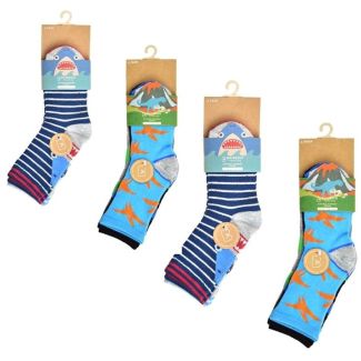 Boy's Bamboo Dino/Shark Design Trainer Socks(3 Pair Pack) - Asst. Sizes 