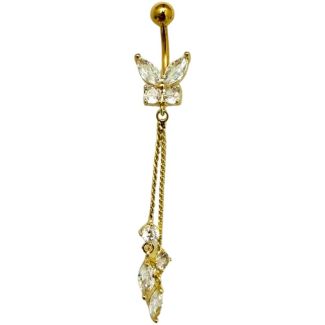Butterfly With Dangling Stones Belly Bar- Gold - 50mm