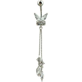 Butterfly With Dangling Stones Belly Bar- Silver - 50mm