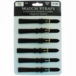 Calf Grain Leather Black Long Watch Straps - Asst. Buckles - 12mmBL12ML