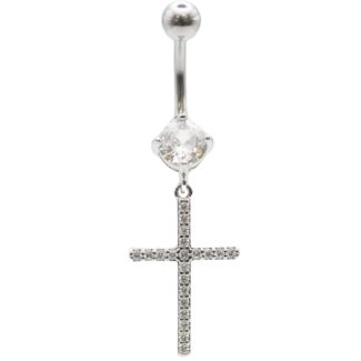 Clear Crystal Cross Design Belly Bar - 10mm