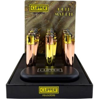 Clipper Flint Reusable Lighters With Gift Case -  Gold Marble 